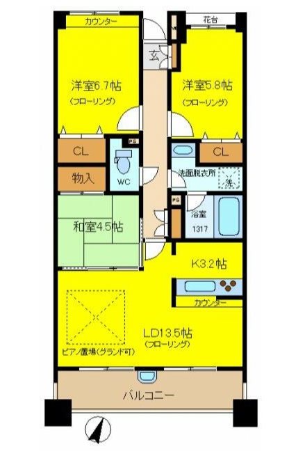 川崎市麻生区王禅寺西1丁目楽器可(防音・グランドピアノ・弦楽器・声楽)マンション 間取り