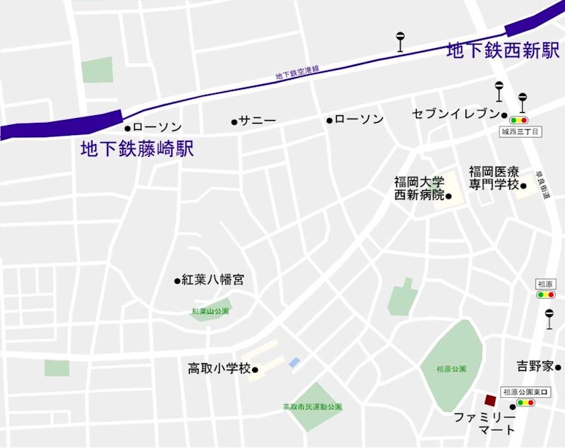 ※赤い■が該当物件の位置です。 アルメノア西新 その他外観1