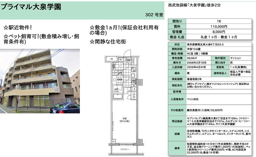 プライマル大泉学園 302号室 間取り