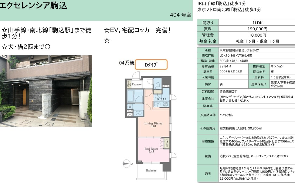 エクセレンシア駒込 404号室 間取り