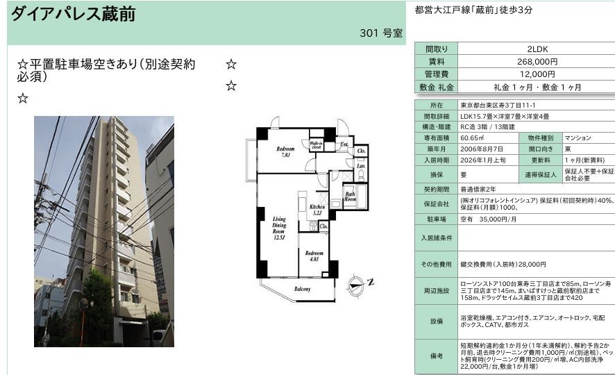 ダイアパレス蔵前 301号室 間取り