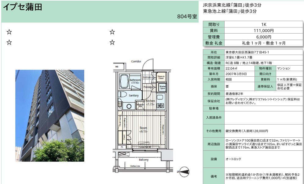 イプセ蒲田 804号室 間取り