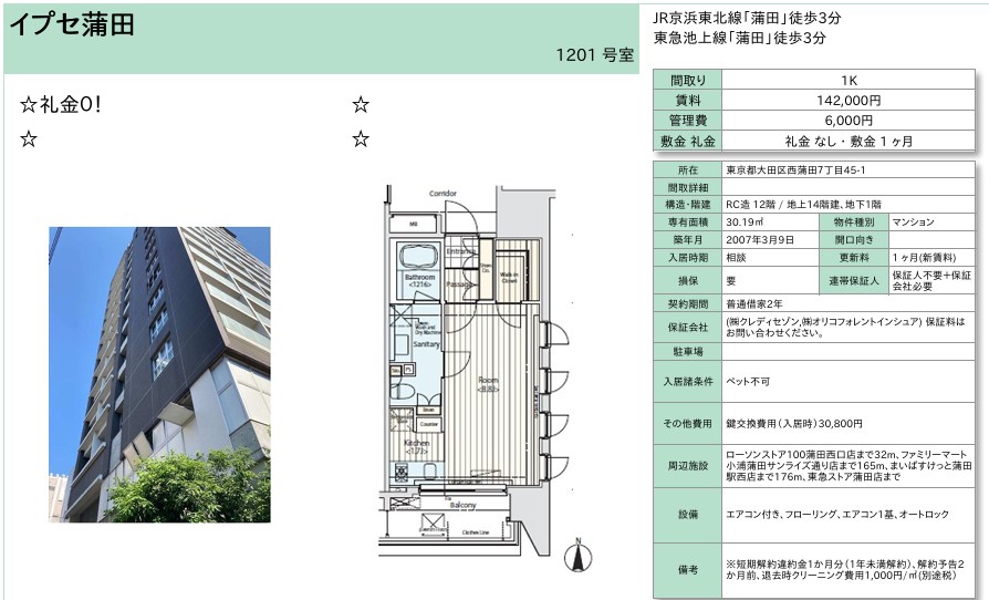イプセ蒲田 1201号室 間取り