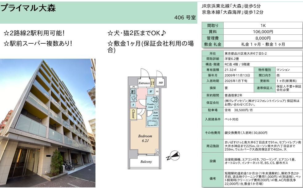 プライマル大森 406号室 間取り