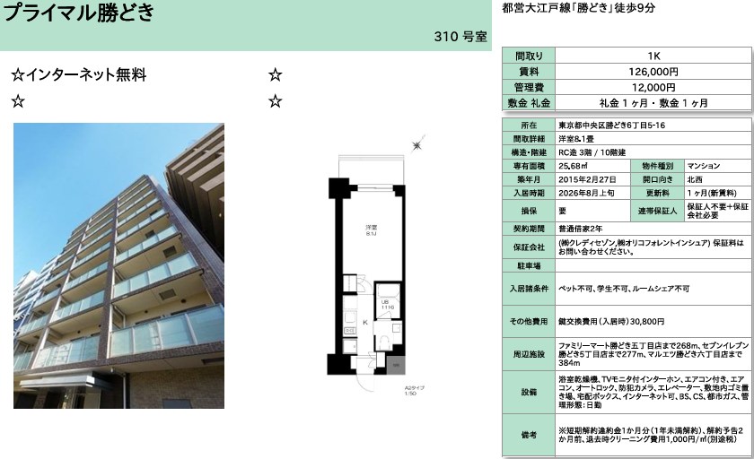 プライマル勝どき 310号室 間取り