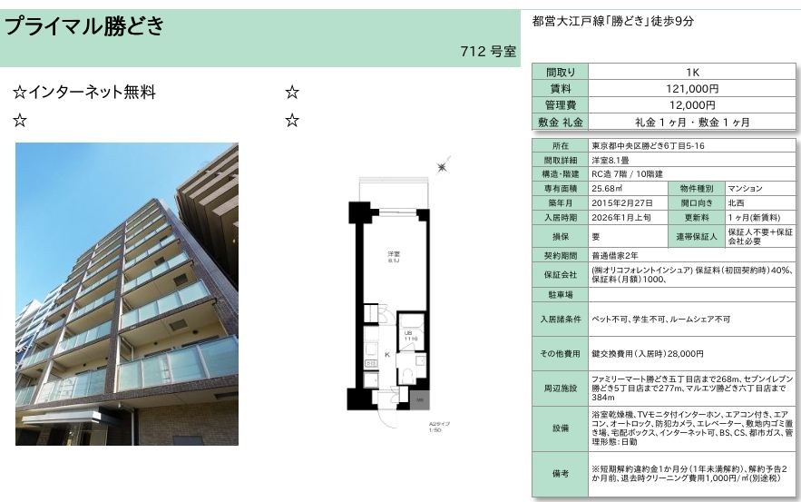 プライマル勝どき 712号室 間取り