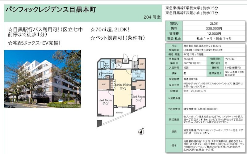 パシフィックレジデンス目黒本町 204号室 間取り