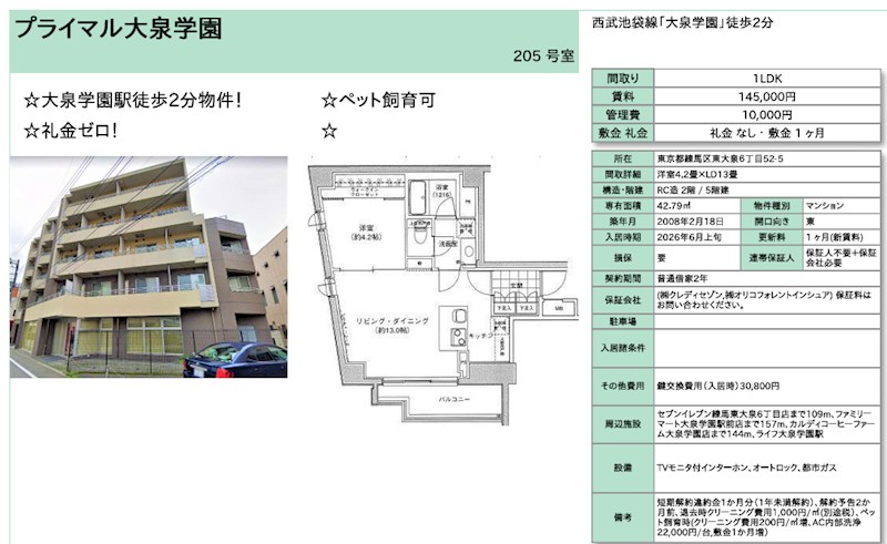 プライマル大泉学園 205号室 間取り