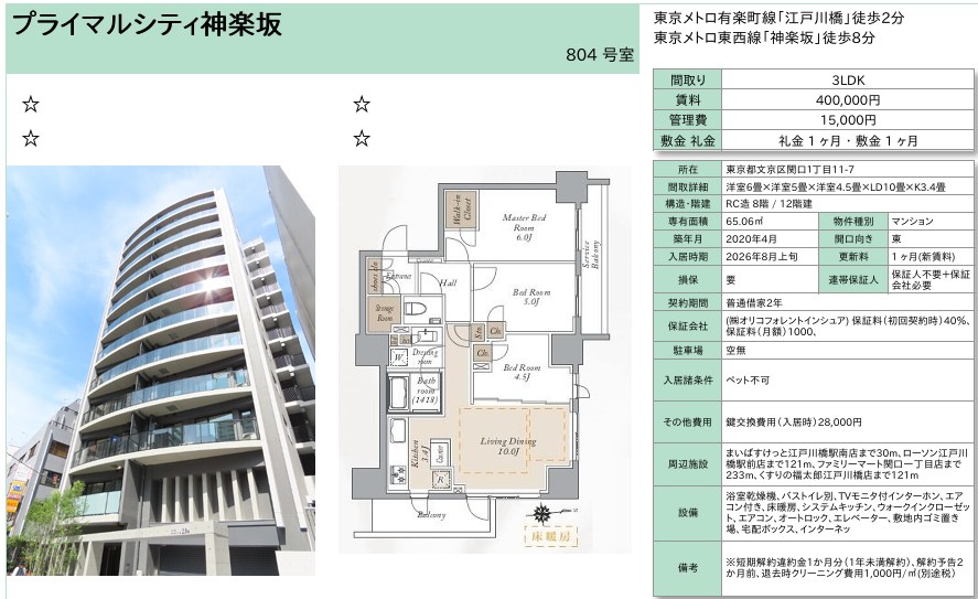 プライマルシティ神楽坂 804号室 間取り