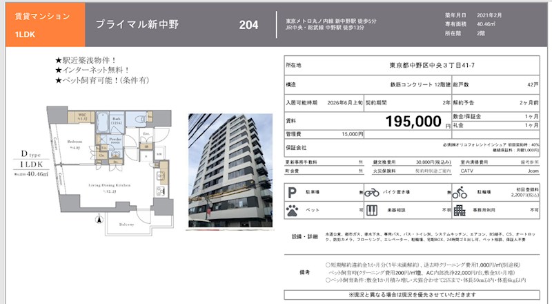 プライマル新中野 204号室 間取り