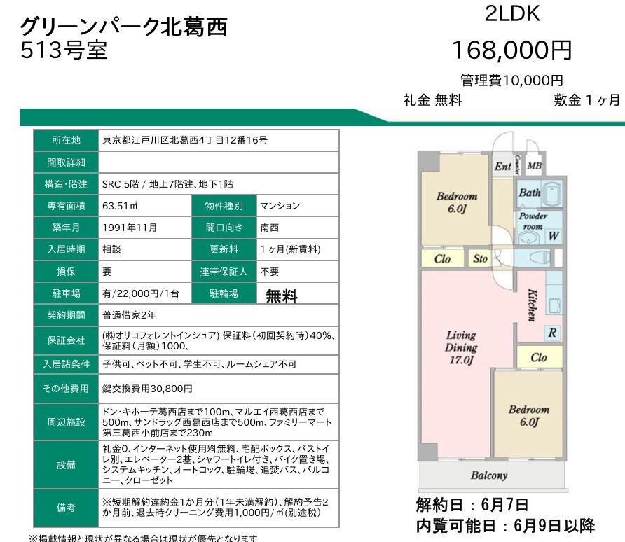 グリーンパーク北葛西 513号室 間取り