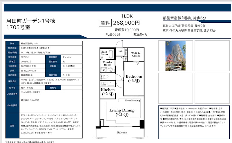 河田町ガーデン1号棟 1705号室 間取り