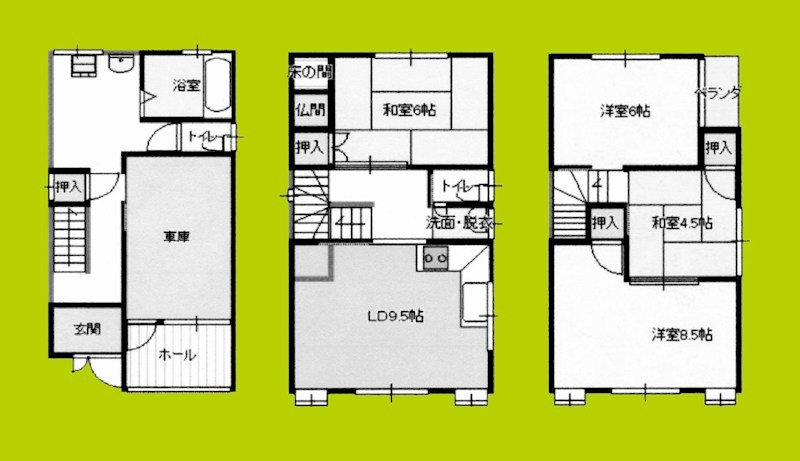 車庫付き　3F建て貸家 間取り