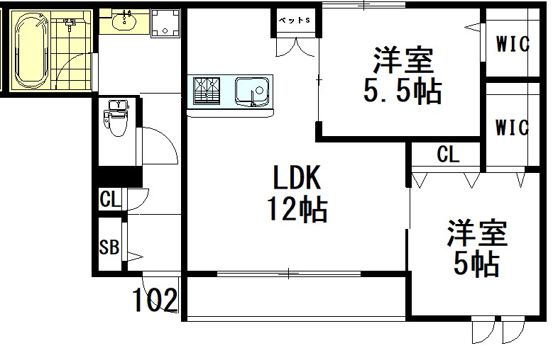 グリーンテラス調布 102号室 間取り