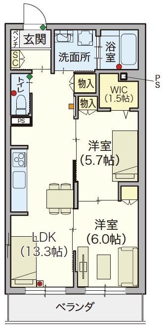 【シニア限定】ヘーベルVillage春日 203号室 間取り
