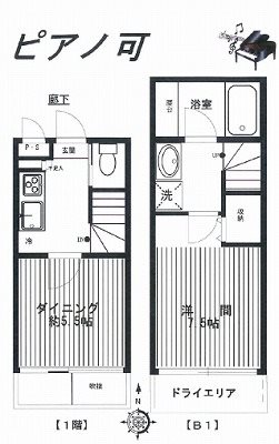 目黒区中町1丁目楽器可(防音・グランドピアノ・弦楽器・声楽)マンション 間取り