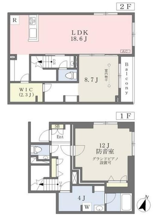 柏市豊四季楽器可（防音・24時間演奏・グランドピアノ・弦管楽器）アパート 間取り