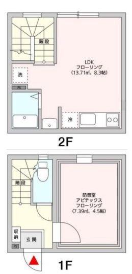 川崎市高津区坂戸2丁目楽器可(防音・24時間演奏・グランドピアノ・弦・管打楽器・声楽)メゾネットアパート 間取り