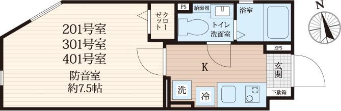 台東区浅草橋5丁目楽器可（防音・24ｈ演奏可・ピアノ・弦・管楽器・声楽・DTM）マンション 間取り
