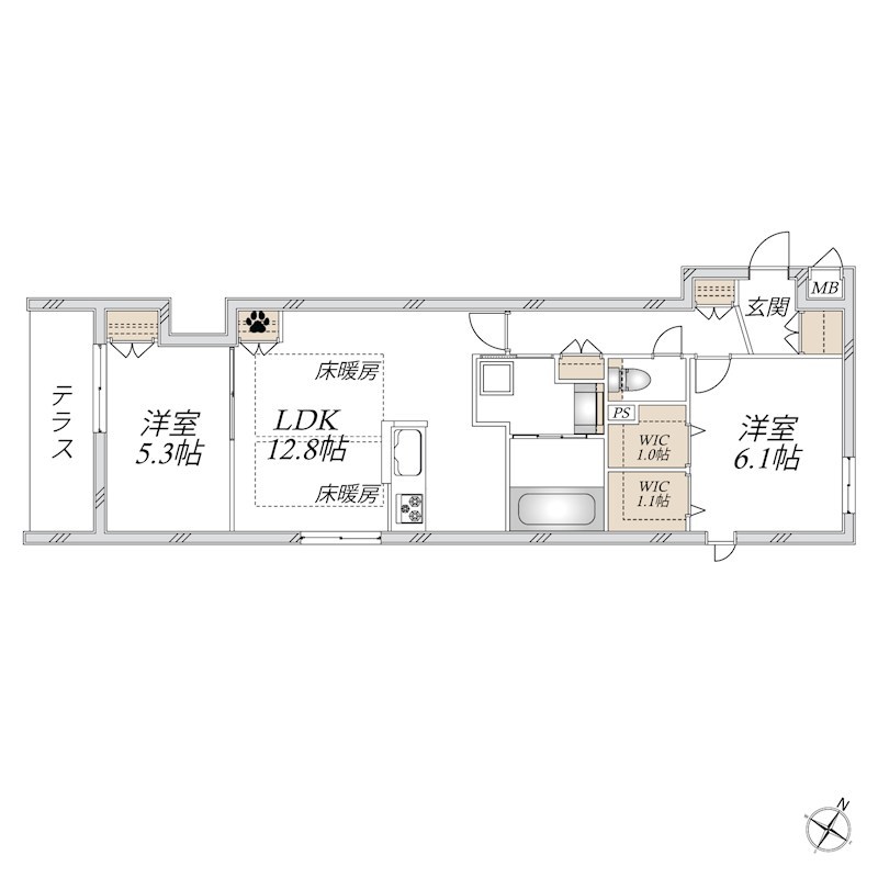 ＦＬＯＷＥＲ　ＦＩＥＬＤＳ　ＫＡＳＨＩＷＡ 102号室 間取り