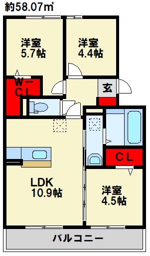 リアン ド ファミーユ B棟 102号室 間取り