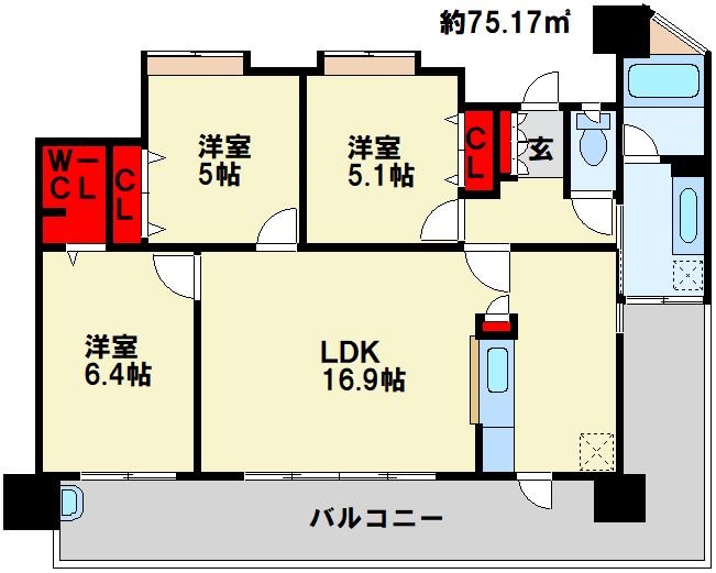 グランドキャッスル三萩野  1206号室 間取り