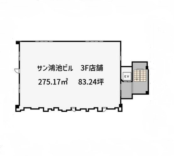 貸店舗・事務所　東大阪市 西鴻池町１丁目　広さ約８３坪　ワンフロア貸し　サン鴻池ビル 間取り