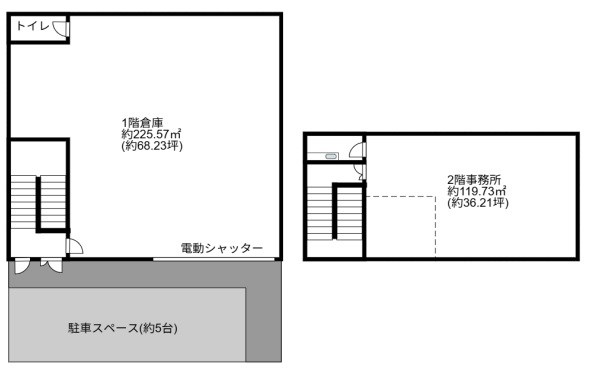 貸店舗・事務所　東大阪市 長田中３丁目　広さ約１０４坪　駐車スペース５台分あり　 間取り