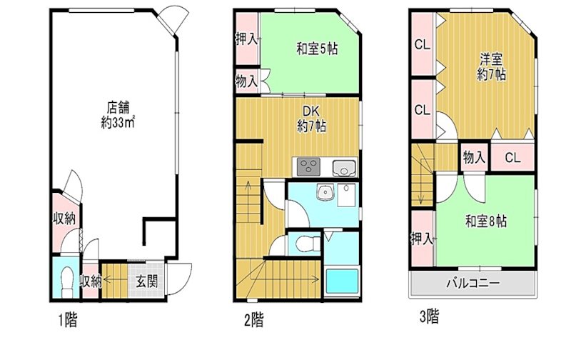貸店舗・事務所　大阪市 平野区 瓜破西２丁目　店舗付住宅　広さ34坪　角地　飲食店不可 間取り