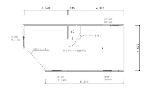 貸店舗・事務所　大阪市平野区 瓜破５丁目　広さ約１４坪　トイレあり　角地　重飲食可 間取り