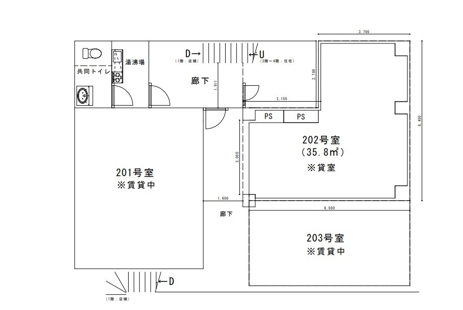 貸店舗・事務所　東大阪市 鴻池元町　広さ約３５坪　ディアハイム鴻池２階 間取り