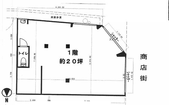 貸店舗・事務所　東大阪市 長堂１丁目　広さ約２０坪　軽飲食相談可　路面店　トイレあり　長堂貸店舗 間取り
