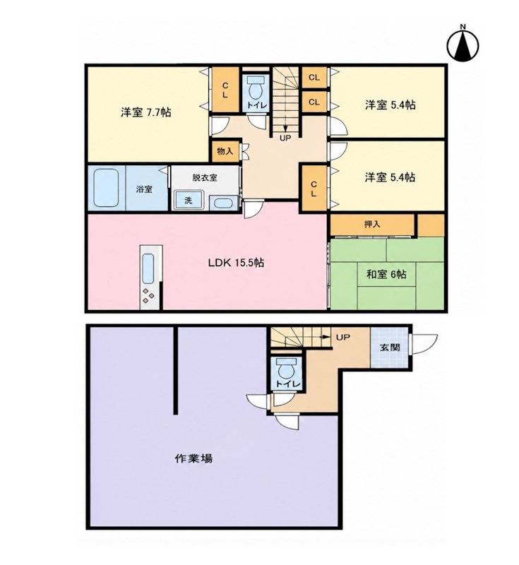 貸店舗・事務所　柏原市 古町３丁目　広さ延べ約４８坪　駐車７台可　角地　作業場付き住居 間取り