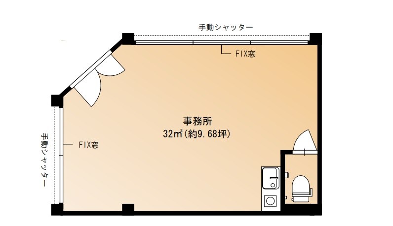 貸店舗・事務所　東大阪市 荒川３丁目　広さ約９坪　トイレ・ミニキッチンあり　近隣商業地域 間取り