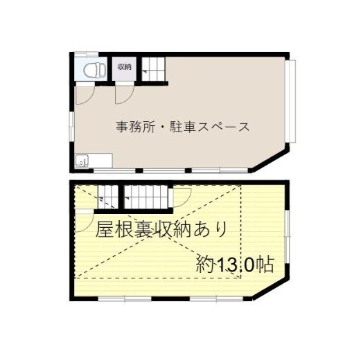 貸店舗・事務所　八尾市 天王寺屋４丁目　広さ延べ約１５坪　天王寺屋車庫付き事務所 間取り