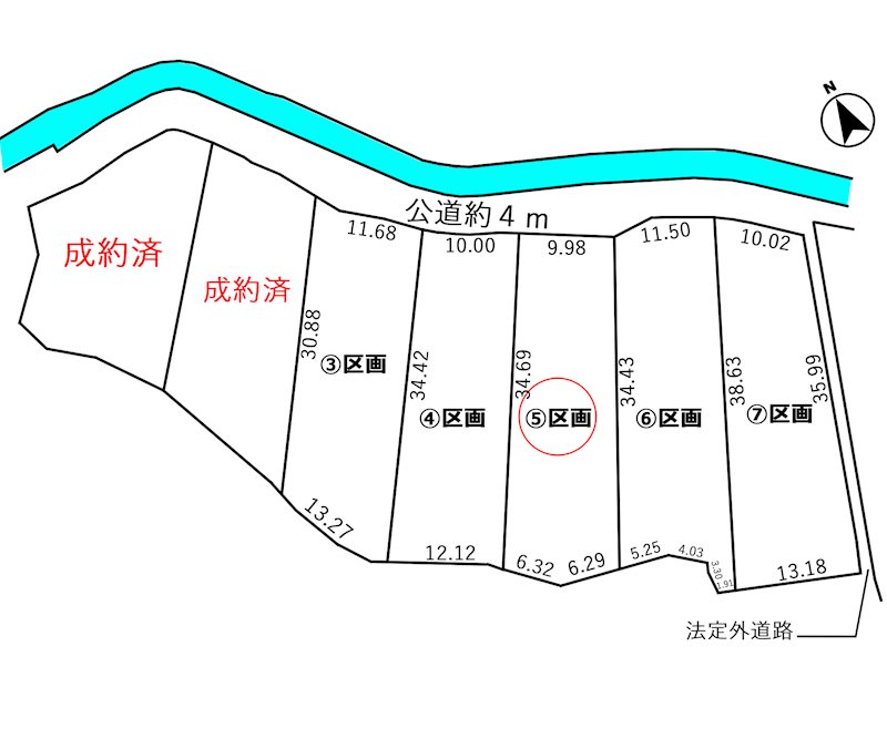 蒲郡市金平町頂拝10番3【③】、10番4【④】、10番5【⑤】、10番6【⑥】、10番７【⑦】　⑤区画 区画図