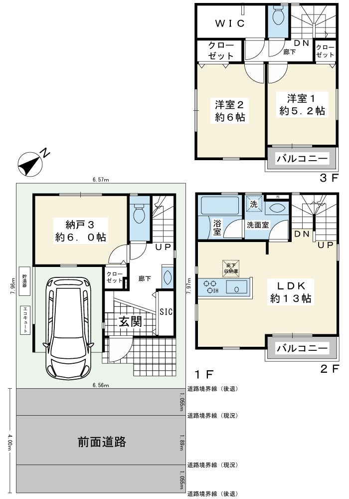 浦安市北栄3丁目新築戸建1号棟 間取図・土地図