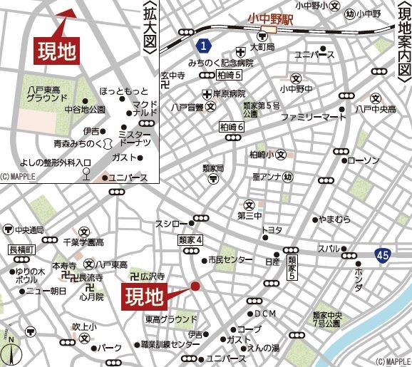 5698　クレイドルガーデン八戸市類家第5　新築分譲住宅　1号棟 現地案内図