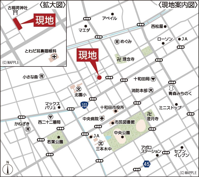 5729　クレイドルガーデン十和田市西十一番町第4　新築分譲住宅　1号棟 現地案内図