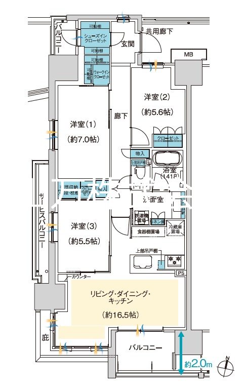 スカイプラザ・ユーカリが丘　ゲートフロント5階南西角 間取図・土地図