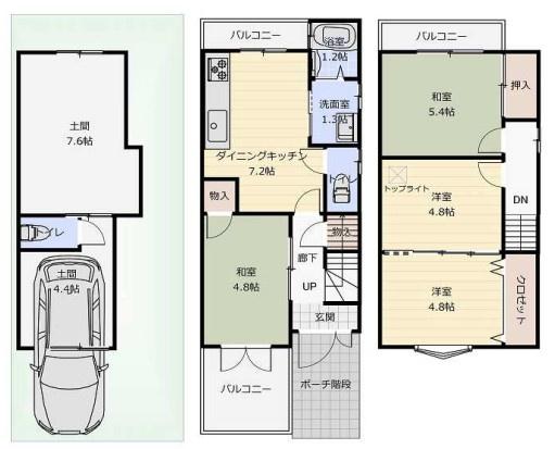 京都市山科区大宅細田町　中古戸建 間取図・土地図