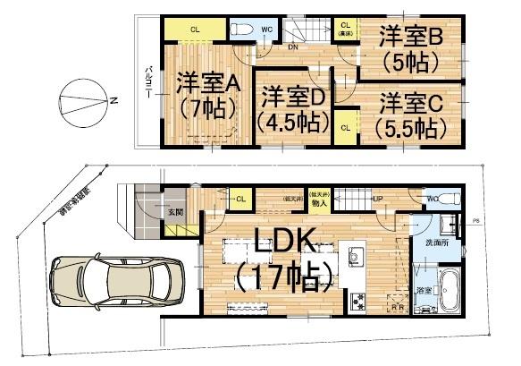 京都市北区大将軍坂田町　新築戸建 間取図・土地図
