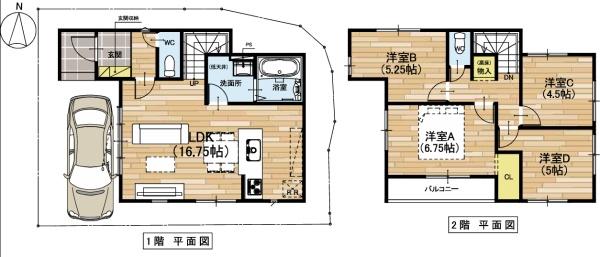 堺市東区菩提町5丁2号棟　新築戸建 間取図・土地図