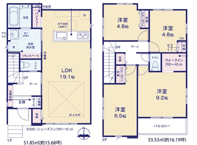 つくばみらい市陽光台２丁目　新築戸建２期　１号棟 間取図・土地図