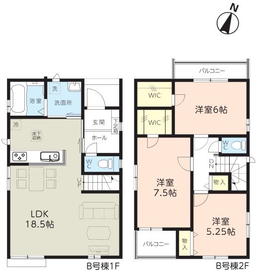 戸田市川岸３丁目新築戸建　全3棟　B号棟 間取図・土地図