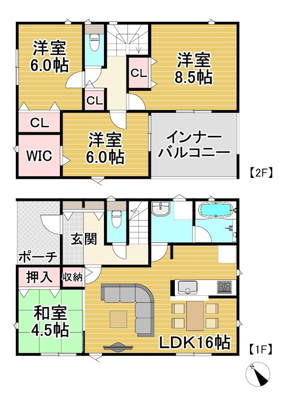 【全2棟】　石岡市鹿の子第１-１号棟 間取図・土地図