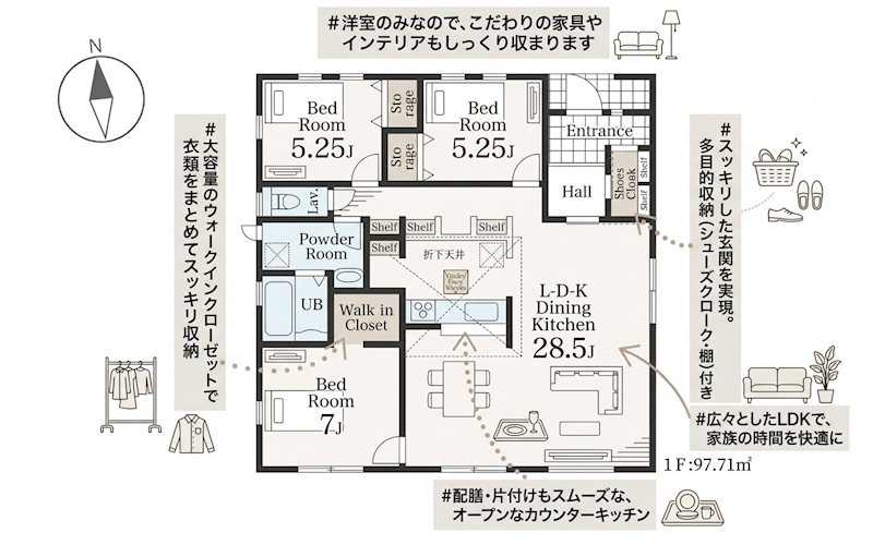 【平屋】　石岡市府中2期　1号棟  間取図・土地図