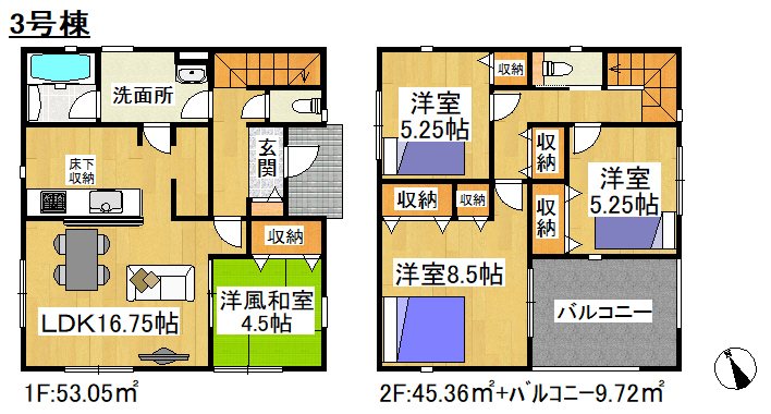 石岡市東光台第4　3号棟 間取図・土地図