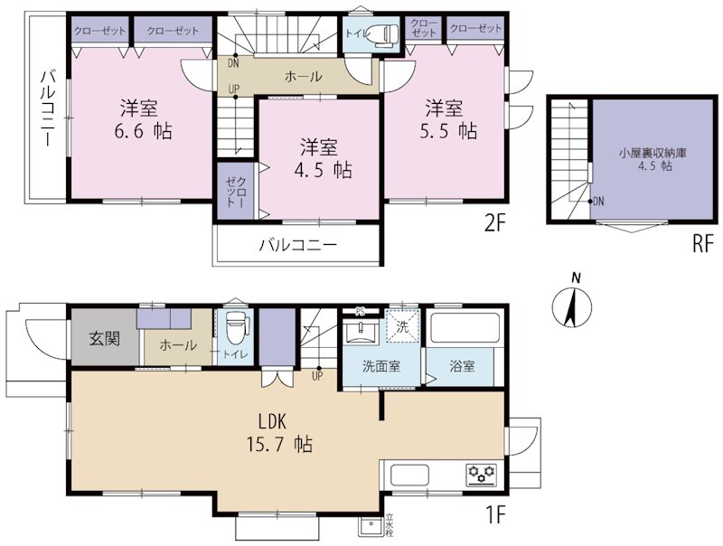 収納力抜群の固定階段式小屋裏収納と、お洒落な外観デザインが魅力です。 間取り図
