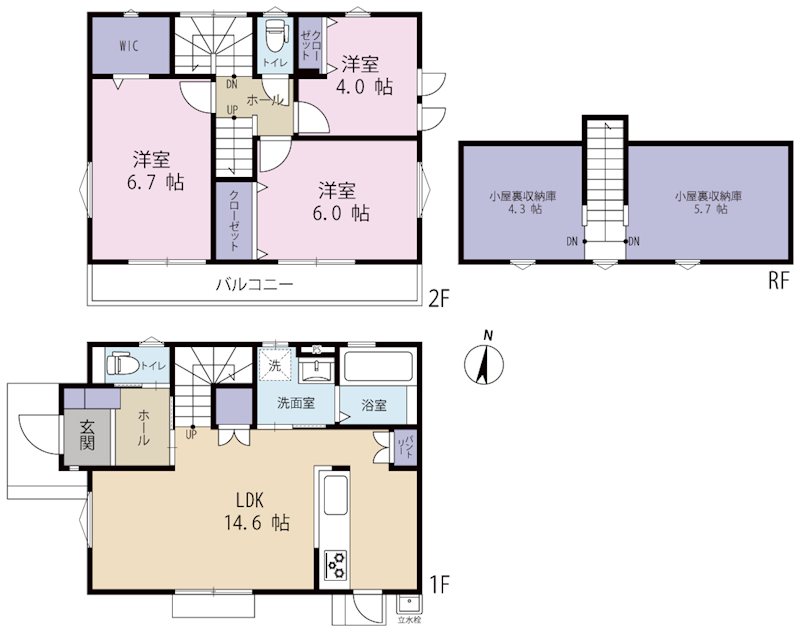 収納力抜群の固定階段式小屋裏収納と、お洒落な外観デザインが魅力です。  間取り図